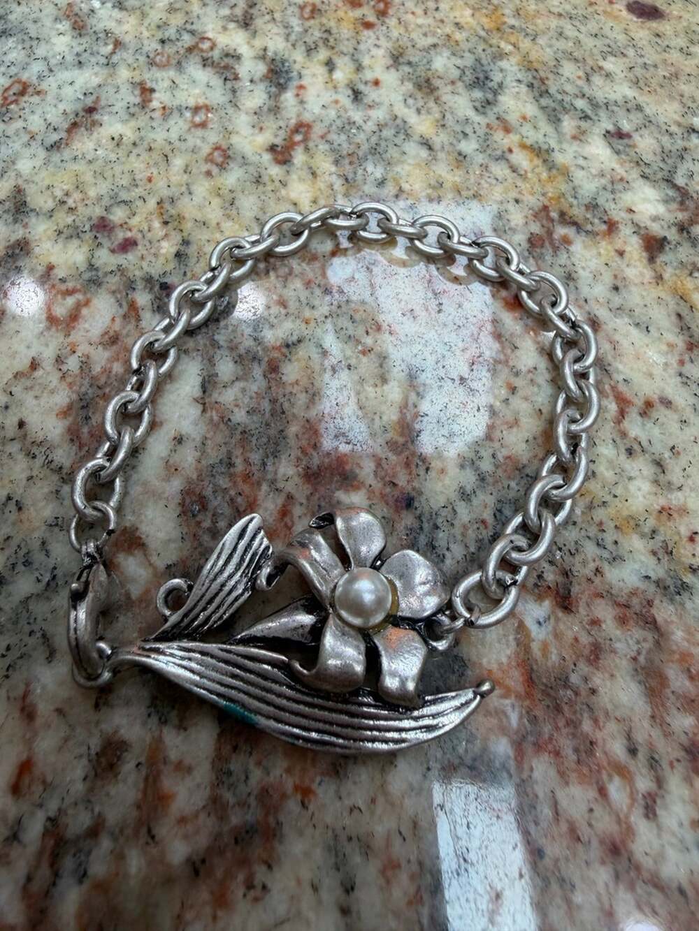 Silver-Tone Floral Lily Faux Pearl Bracelet
